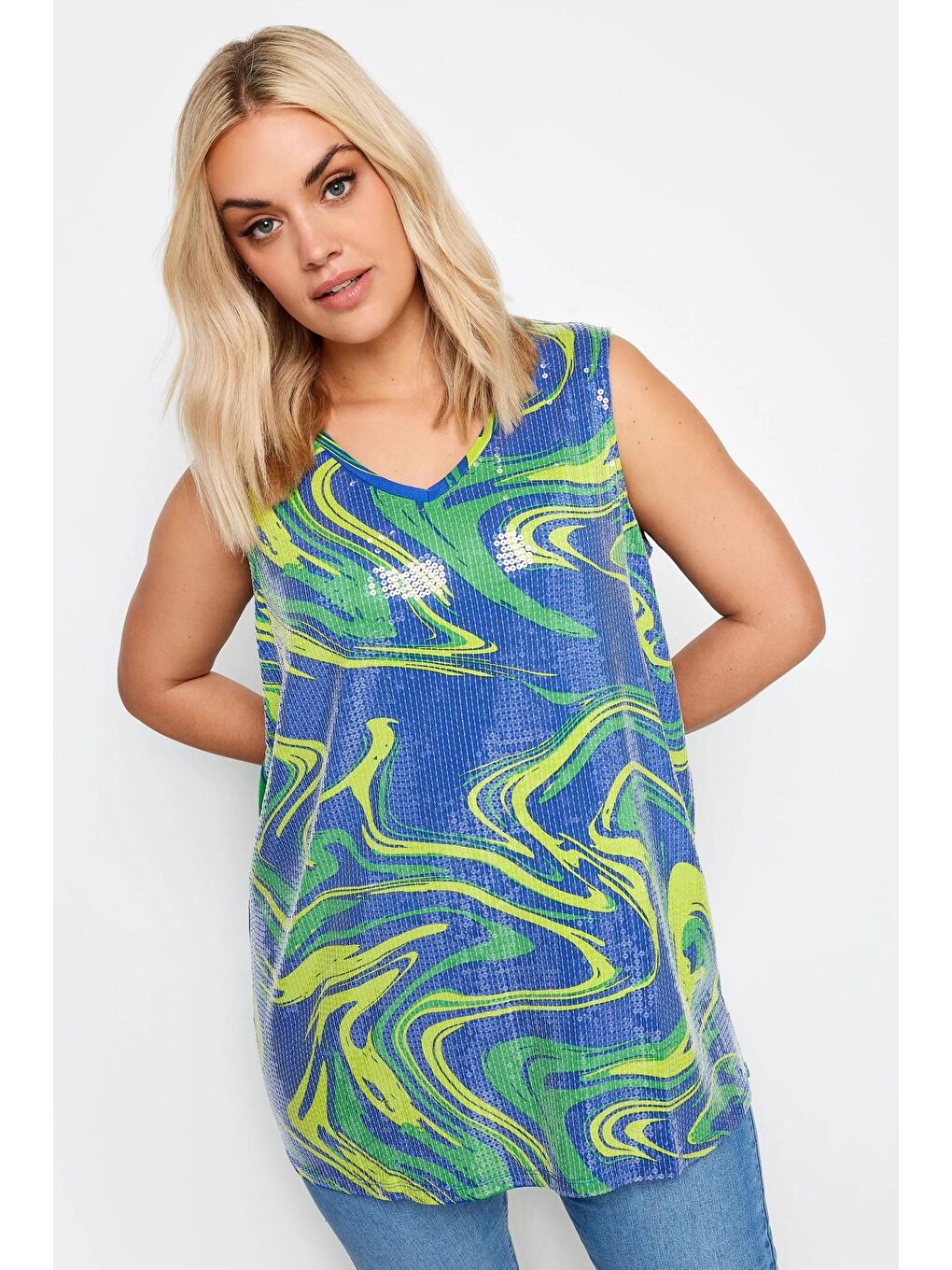 Mavi Büyük Beden V Yaka Desenli Payet İşlemeli Kolsuz Bluz 302387