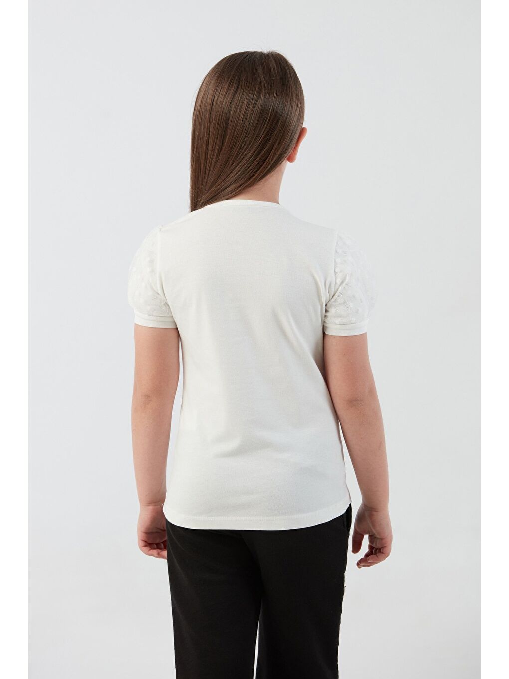 Ekru Basic Kolu Tül Detaylı Kız Çocuk Bluz-1