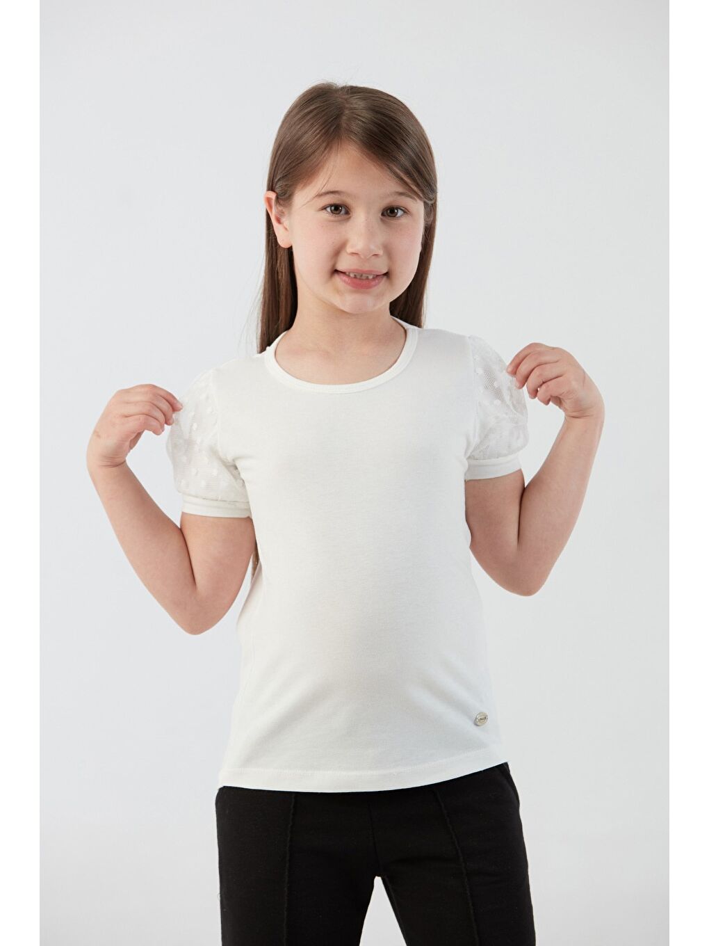 Ekru Basic Kolu Tül Detaylı Kız Çocuk Bluz-2