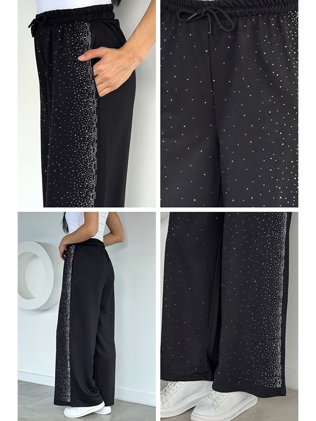 Siyah Kadın Ön Taşlı Pantolon-3