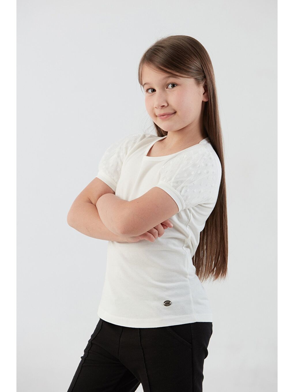 Ekru Basic Kolu Tül Detaylı Kız Çocuk Bluz-3
