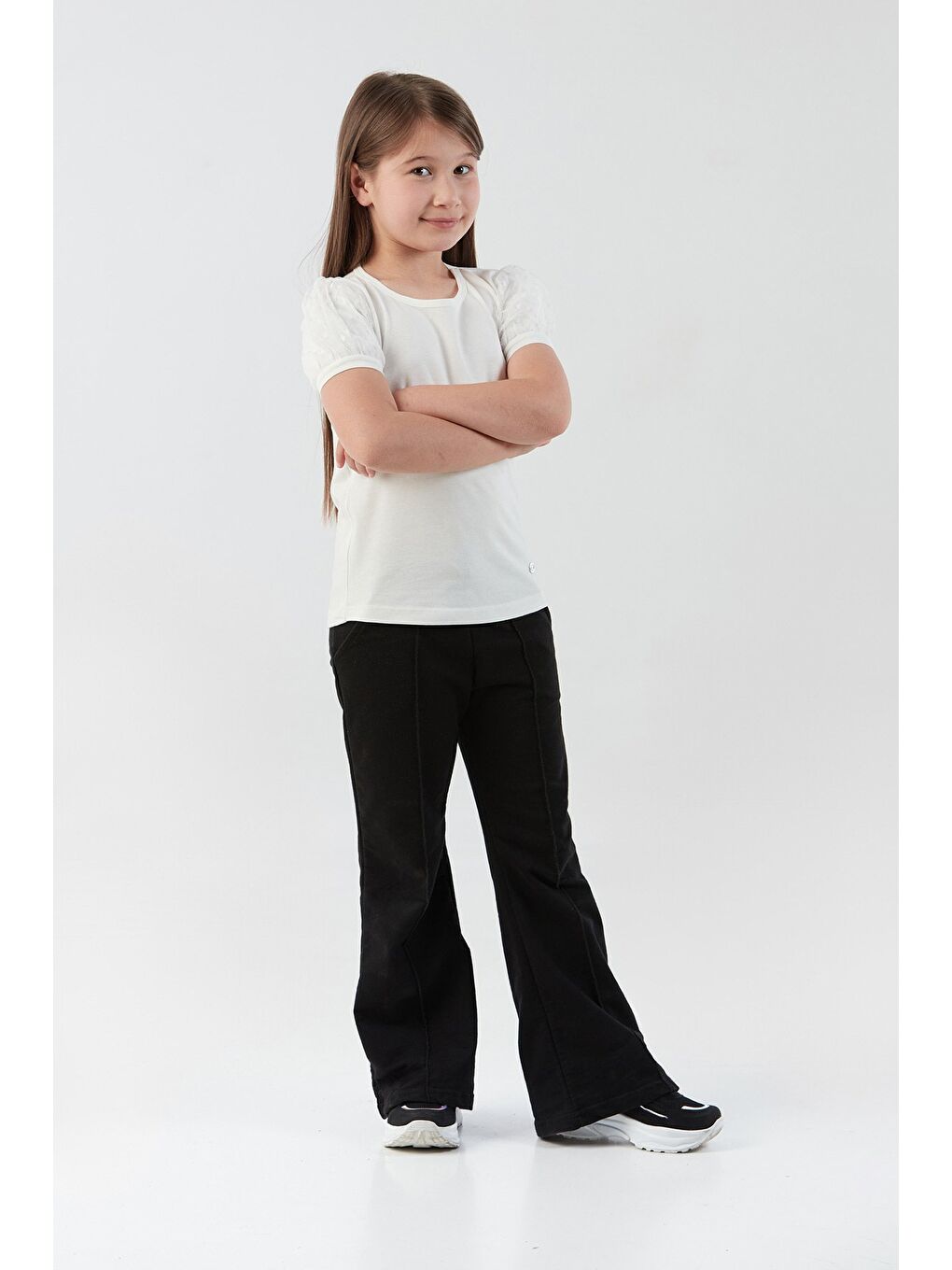 Ekru Basic Kolu Tül Detaylı Kız Çocuk Bluz-4