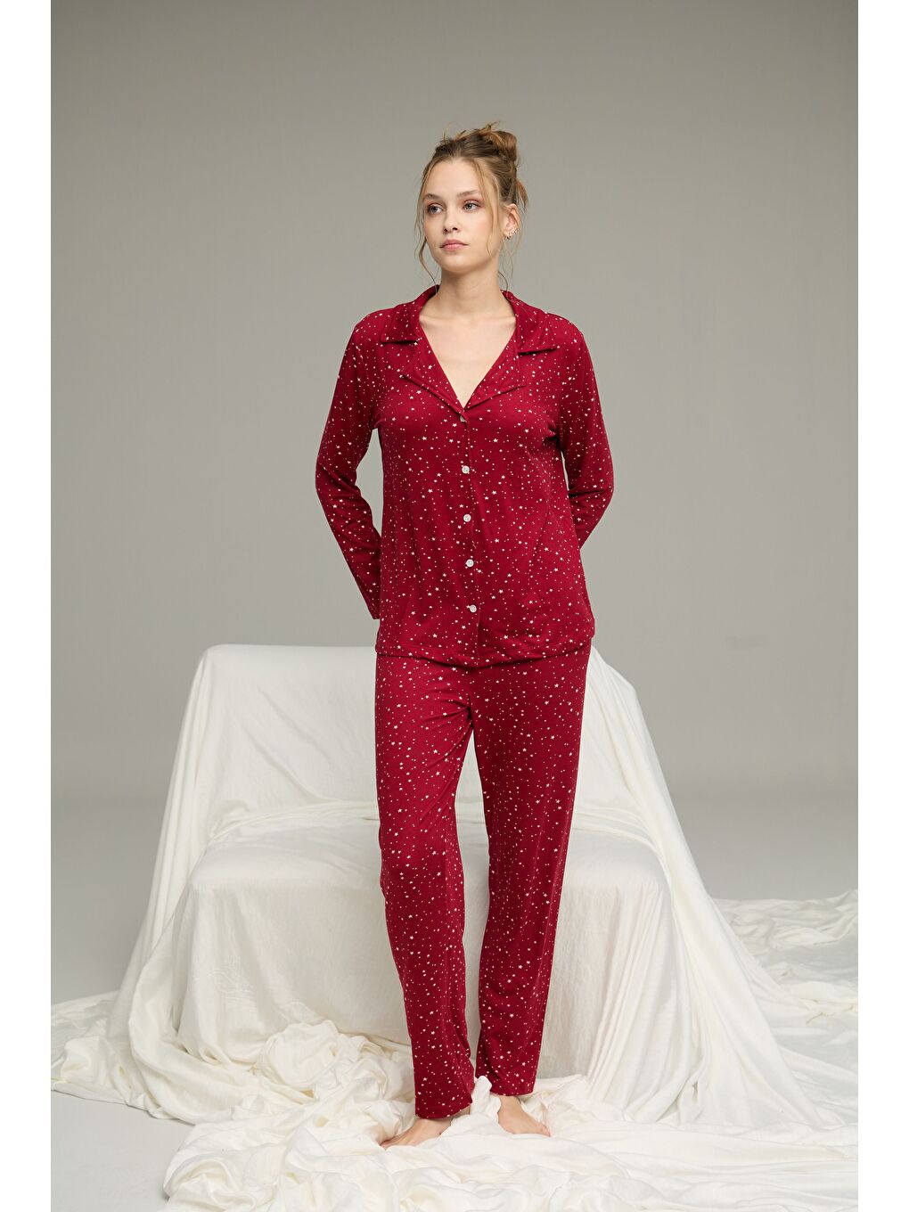 Bordo Yıldız Desenli Gömlek Yaka Düğmeli Milan Örme Pijama Takım25224019-1