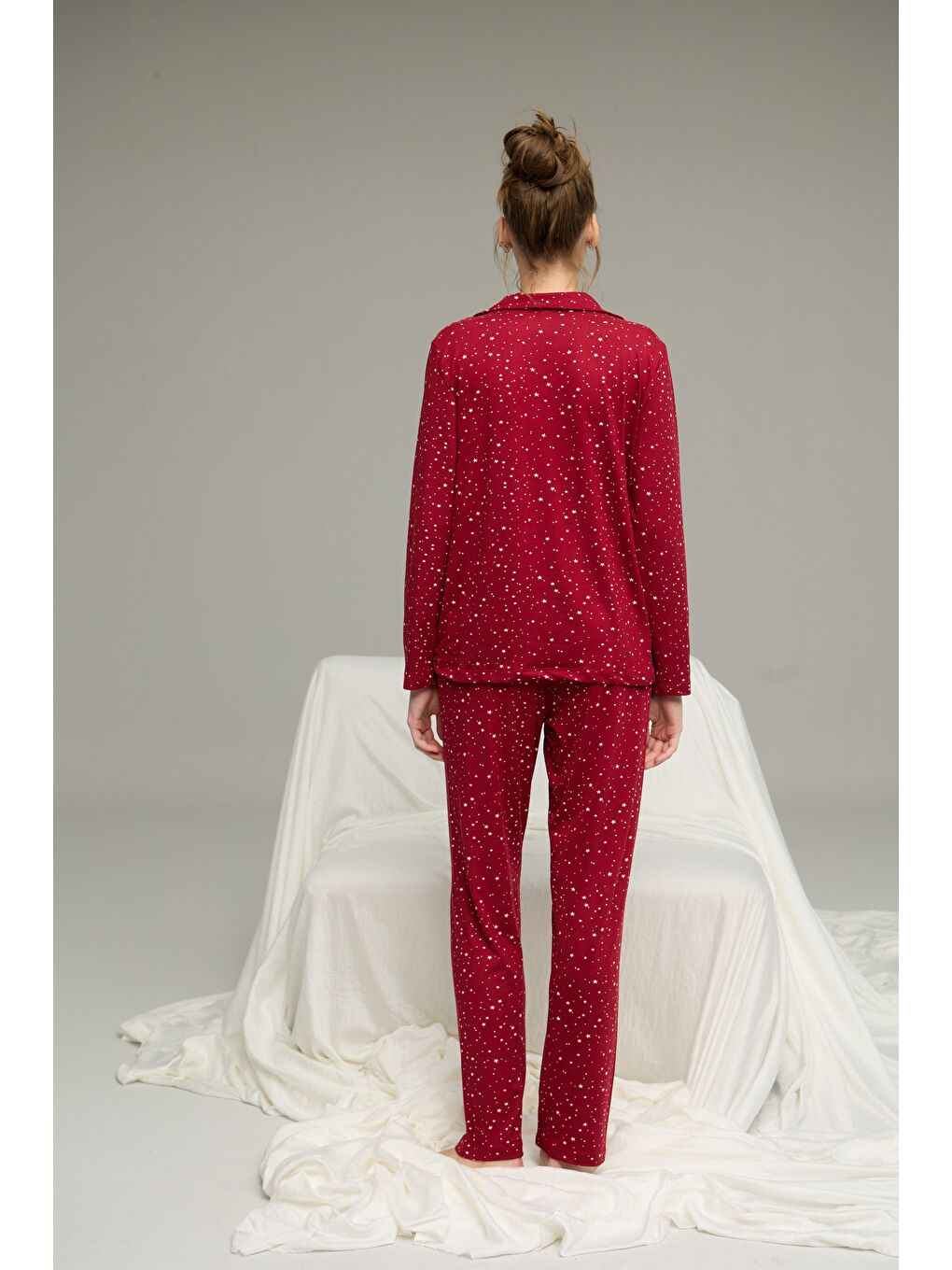 Bordo Yıldız Desenli Gömlek Yaka Düğmeli Milan Örme Pijama Takım25224019-2