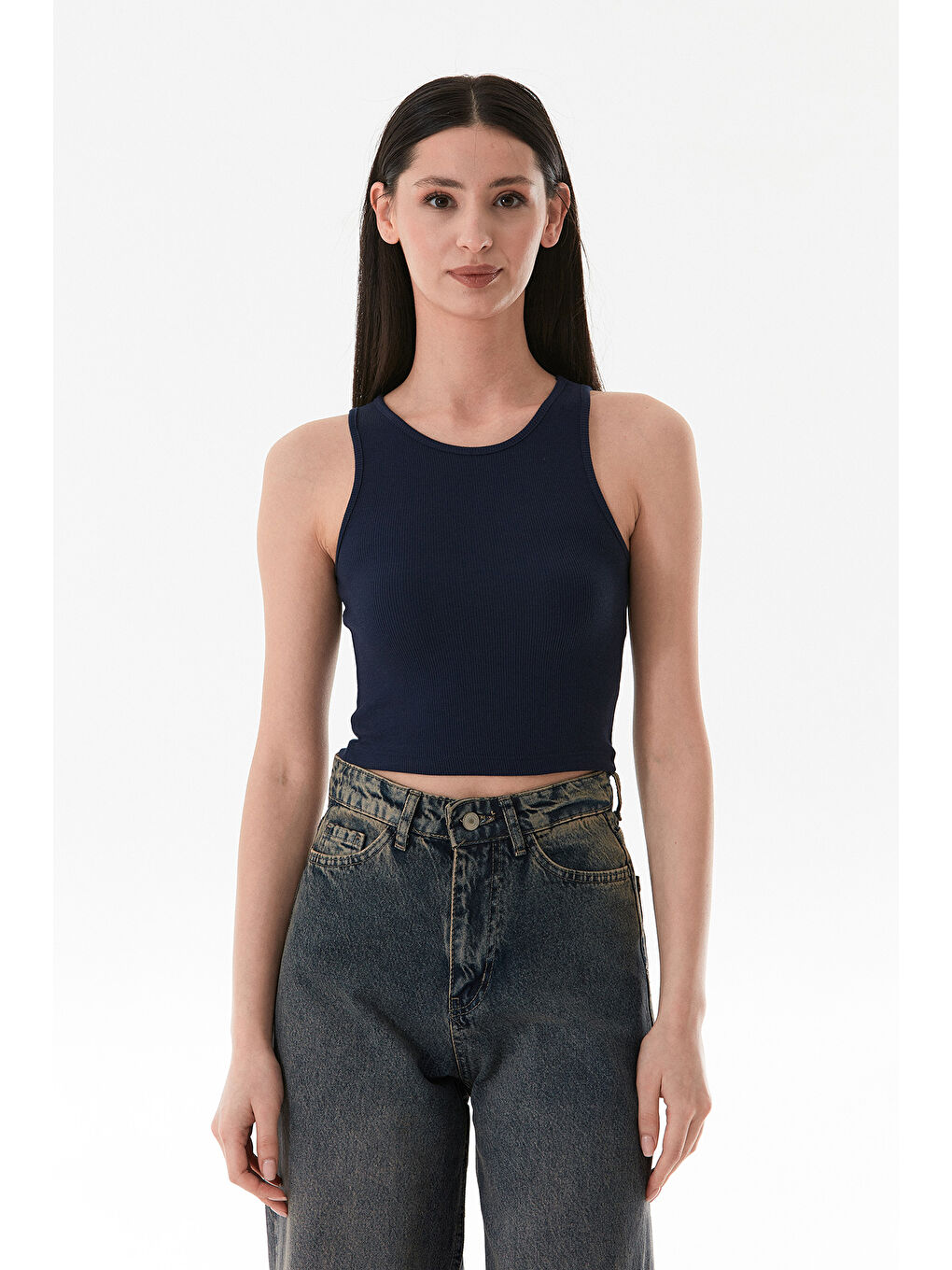 Lacivert Basic Fitilli Halter Yaka Modal Body