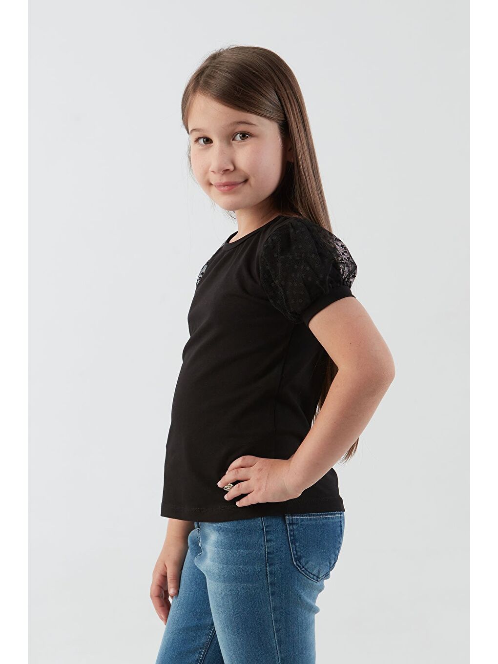 Siyah Basic Kolu Tül Detaylı Kız Çocuk Bluz-1