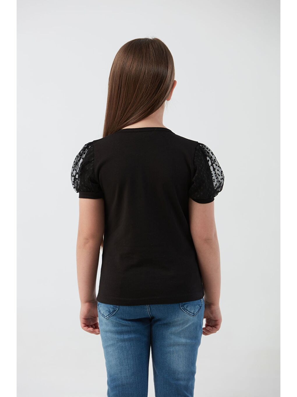 Siyah Basic Kolu Tül Detaylı Kız Çocuk Bluz-2