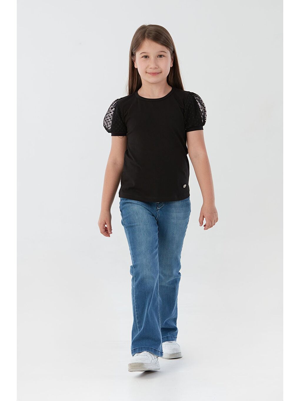 Siyah Basic Kolu Tül Detaylı Kız Çocuk Bluz-3