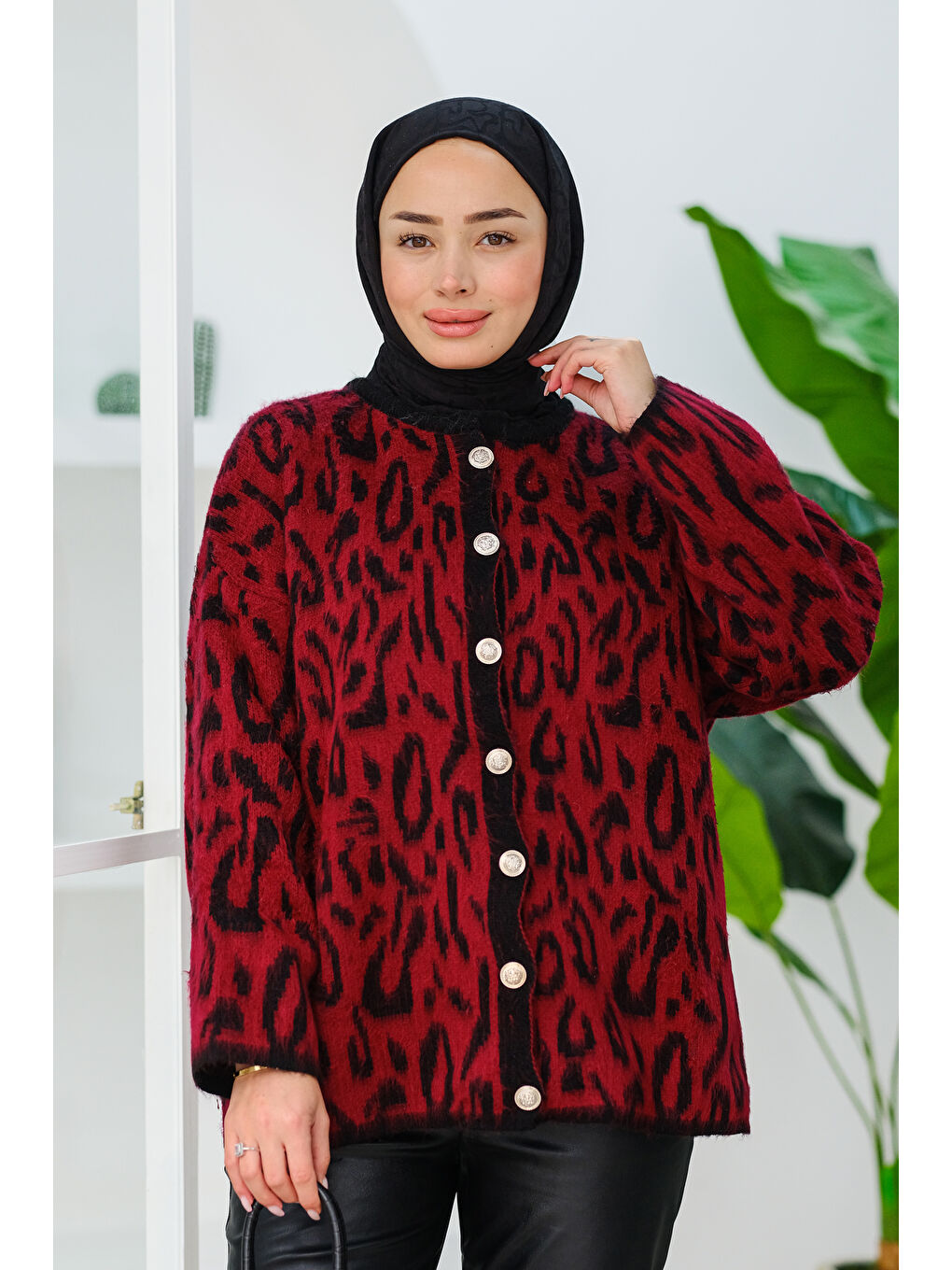 Locco Moda Leopar Desenli Düğmeli Hırka  Bordo