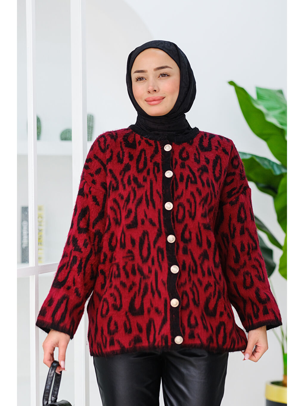 Locco Moda Leopar Desenli Düğmeli Hırka  Bordo - 1