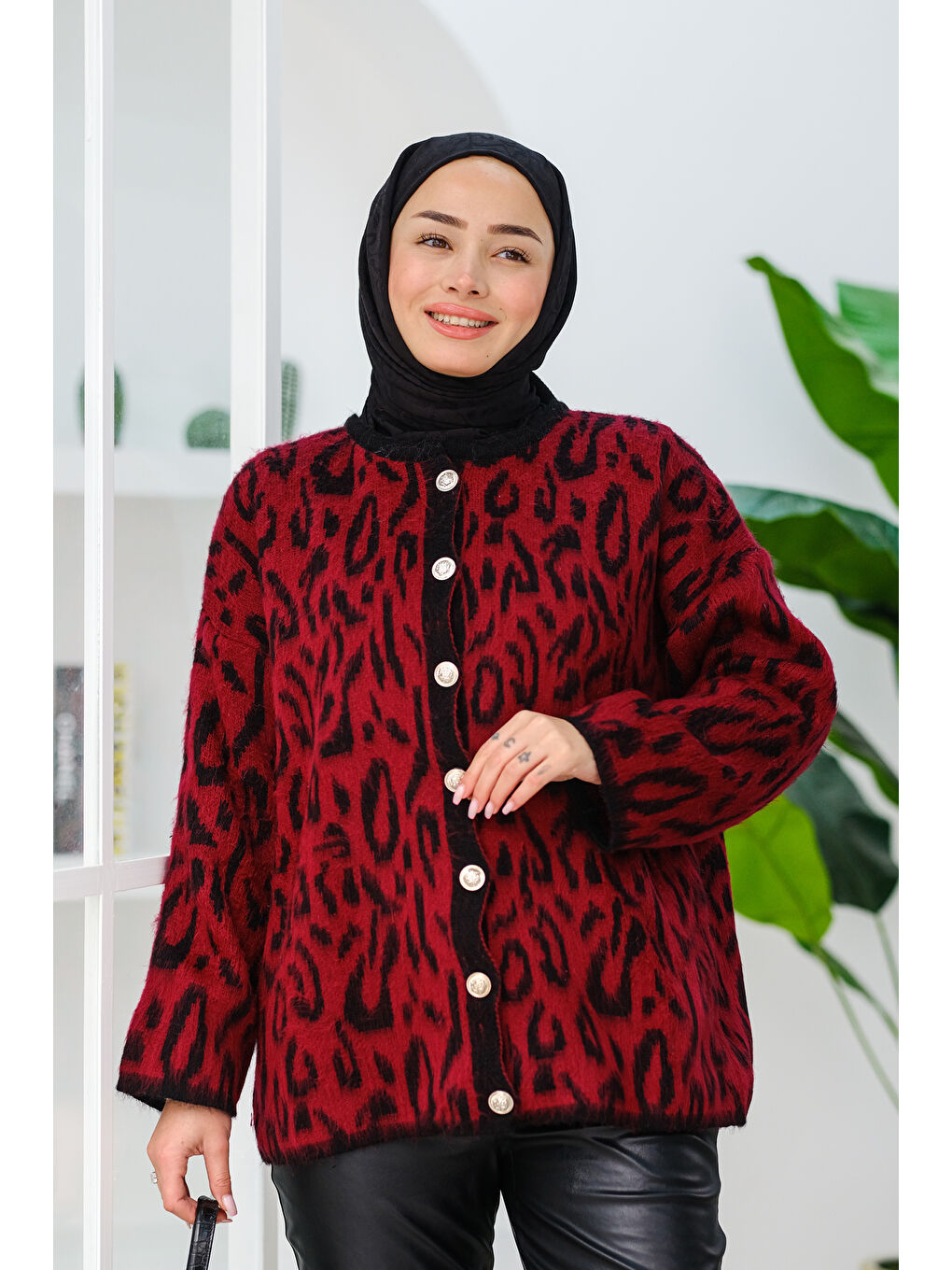 Locco Moda Leopar Desenli Düğmeli Hırka  Bordo - 2