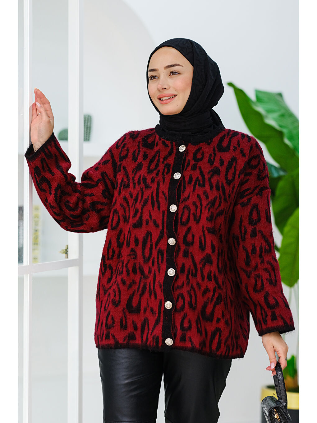 Locco Moda Leopar Desenli Düğmeli Hırka  Bordo - 3