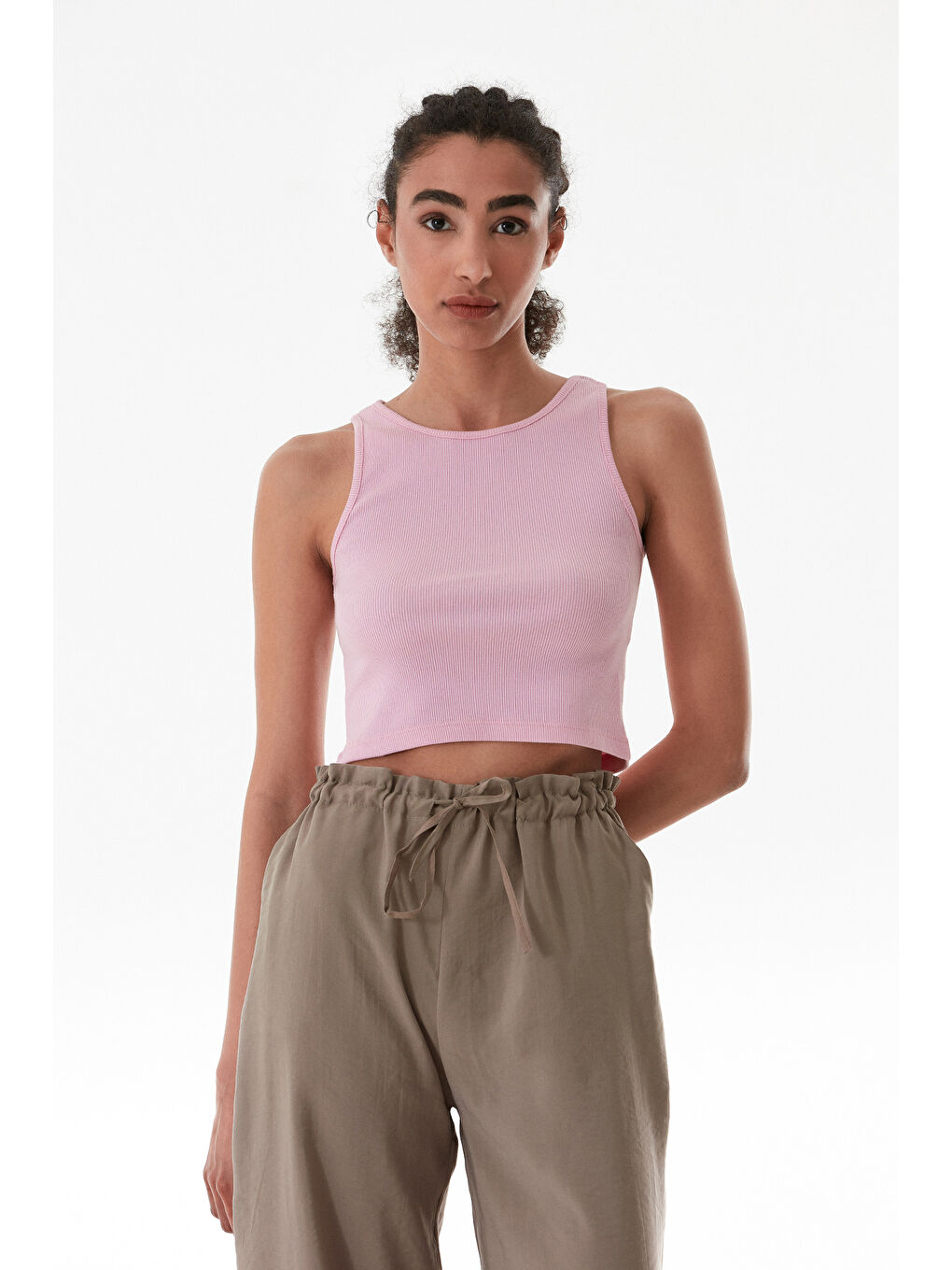 Pembe Basic Fitilli Halter Yaka Modal Body