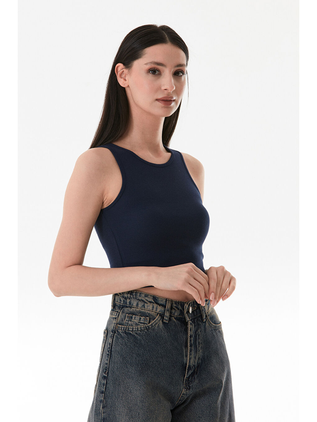 Lacivert Basic Fitilli Halter Yaka Modal Body-2