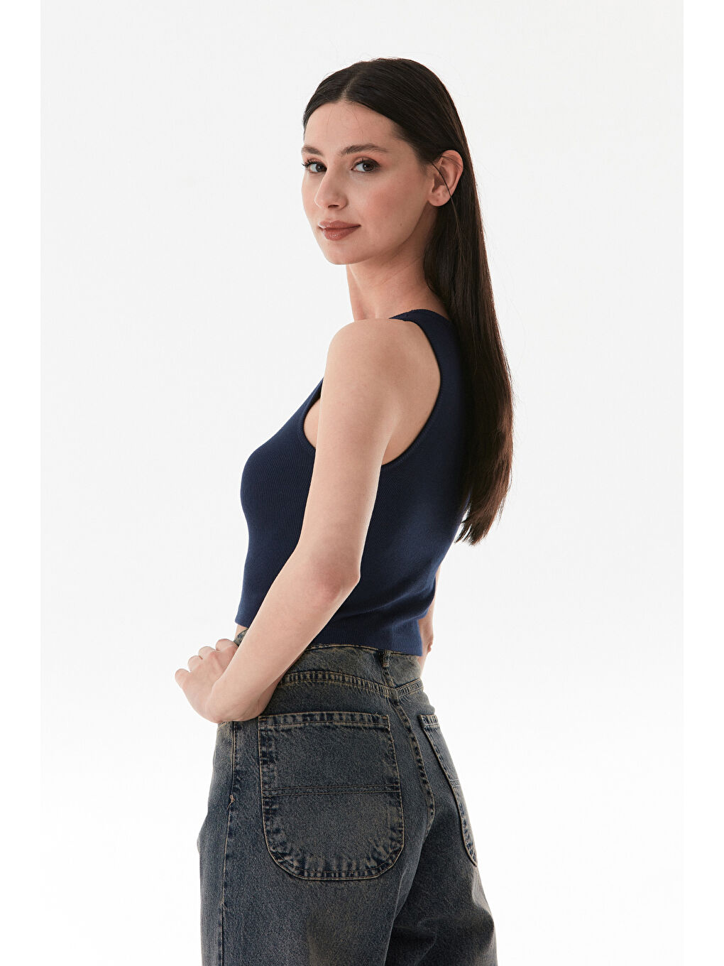 Lacivert Basic Fitilli Halter Yaka Modal Body-4