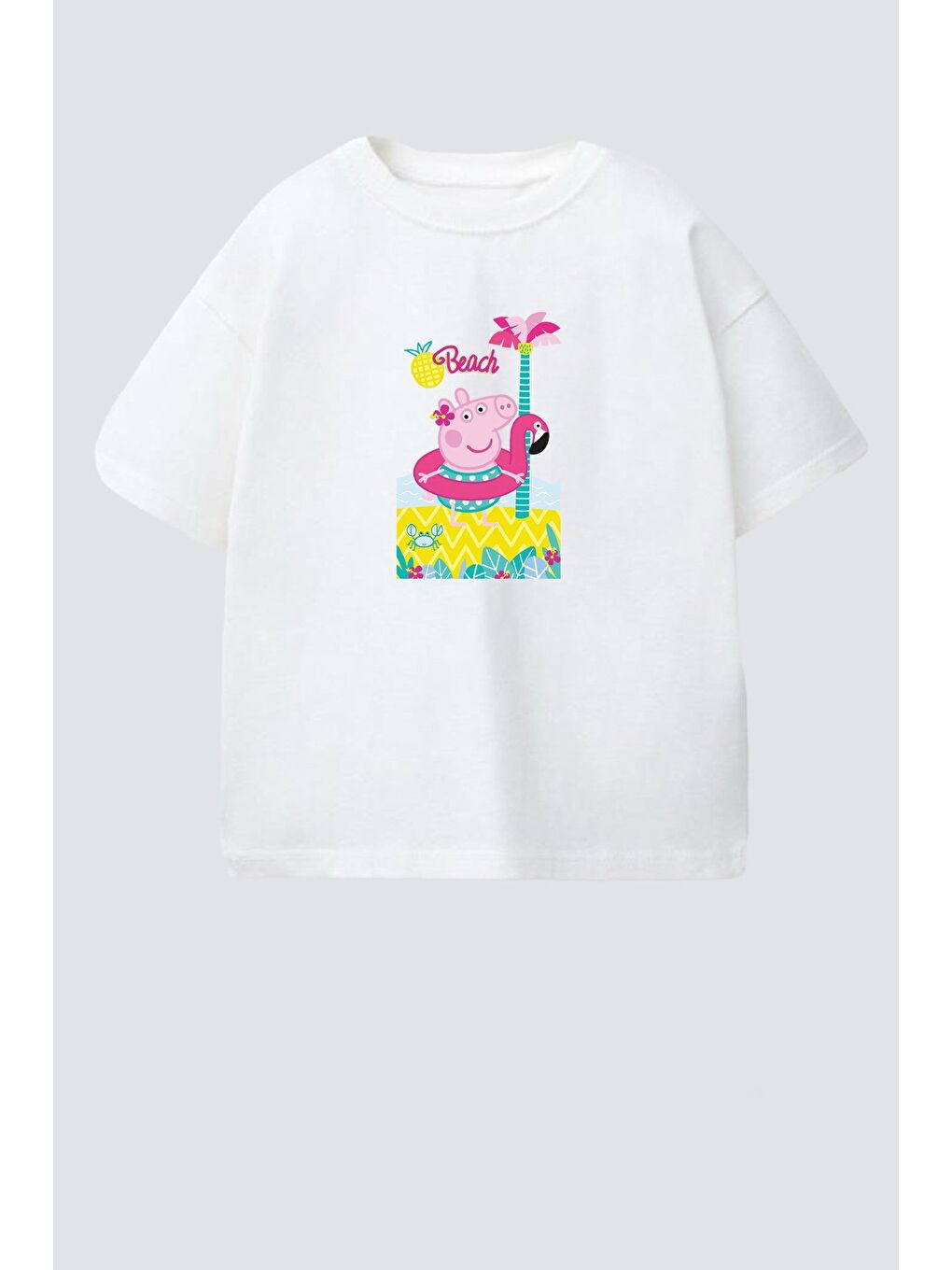 Ekru Kız Çocuk Pamuklu Bisiklet Yaka Baskılı T-Shirt