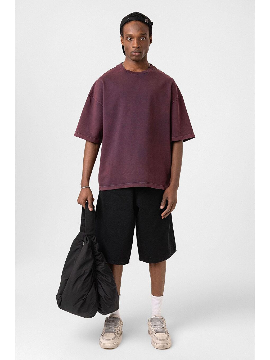 Yıkamalı Oversize Tişört Bordo