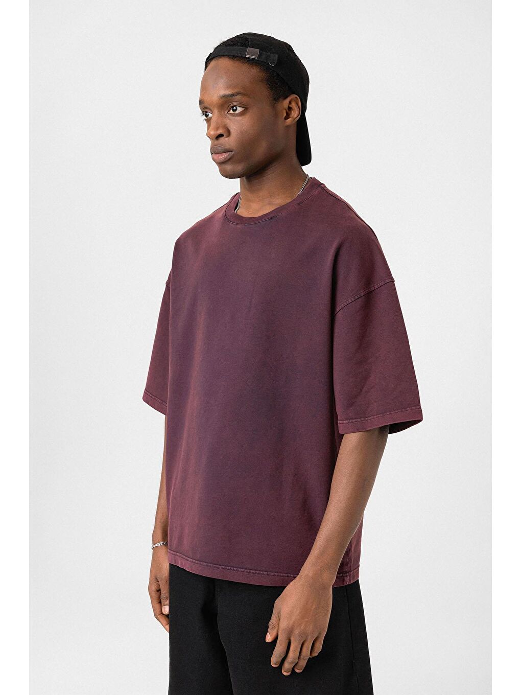 Yıkamalı Oversize Tişört Bordo-3