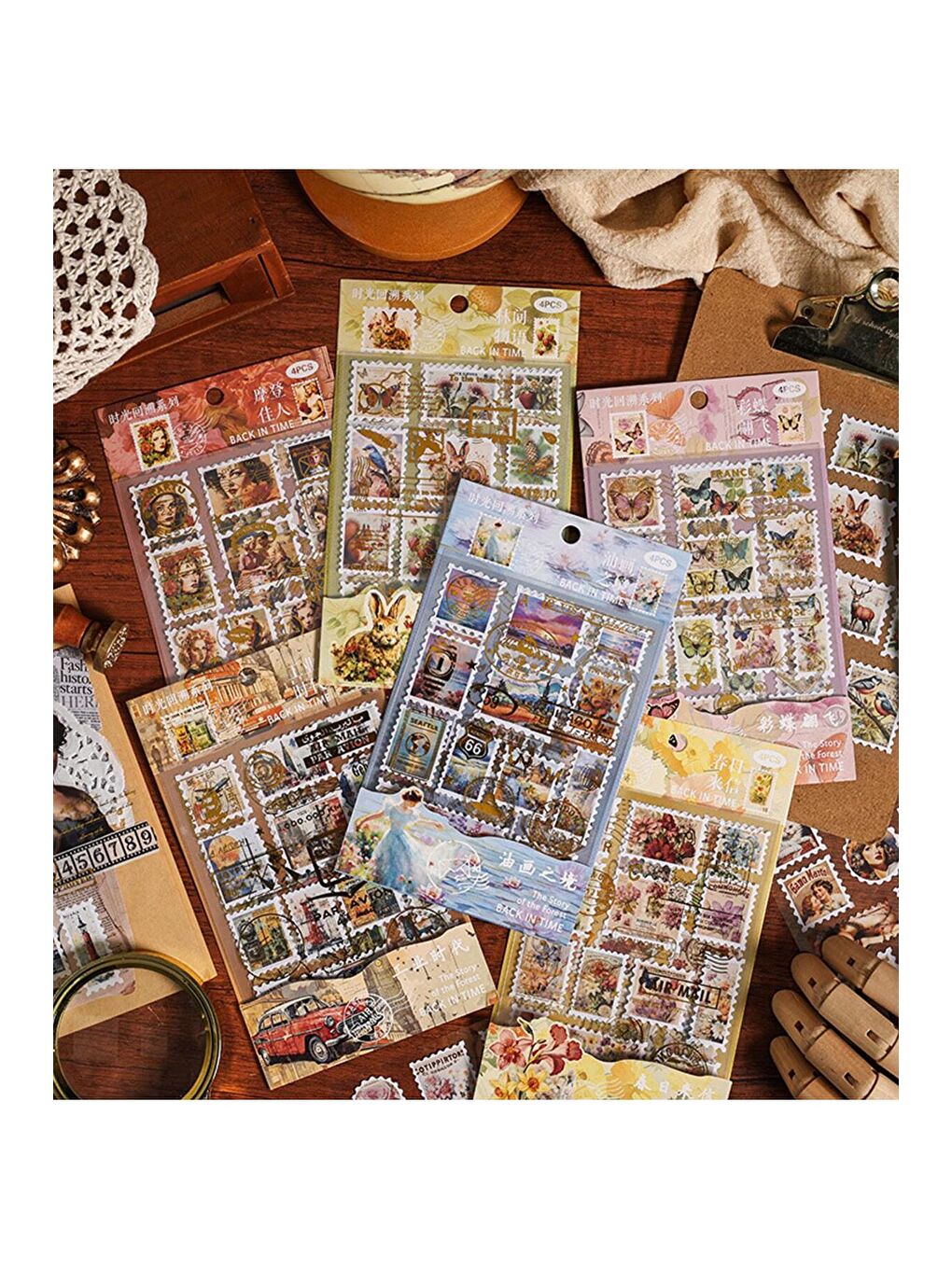 Vintage Pul Desenli Sticker Seti – 4 Sayfa Scrapbook Etiketi