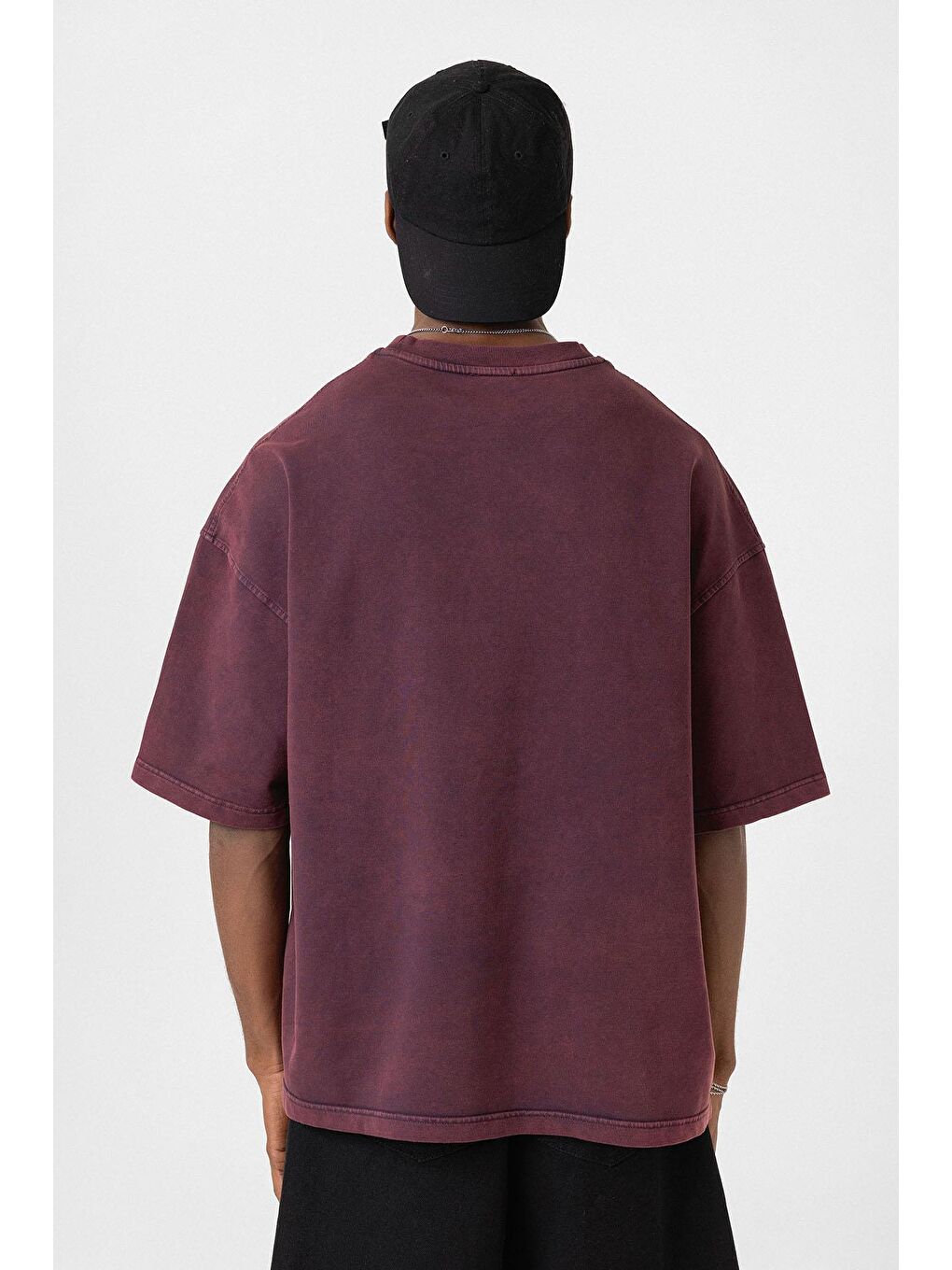 Yıkamalı Oversize Tişört Bordo-5