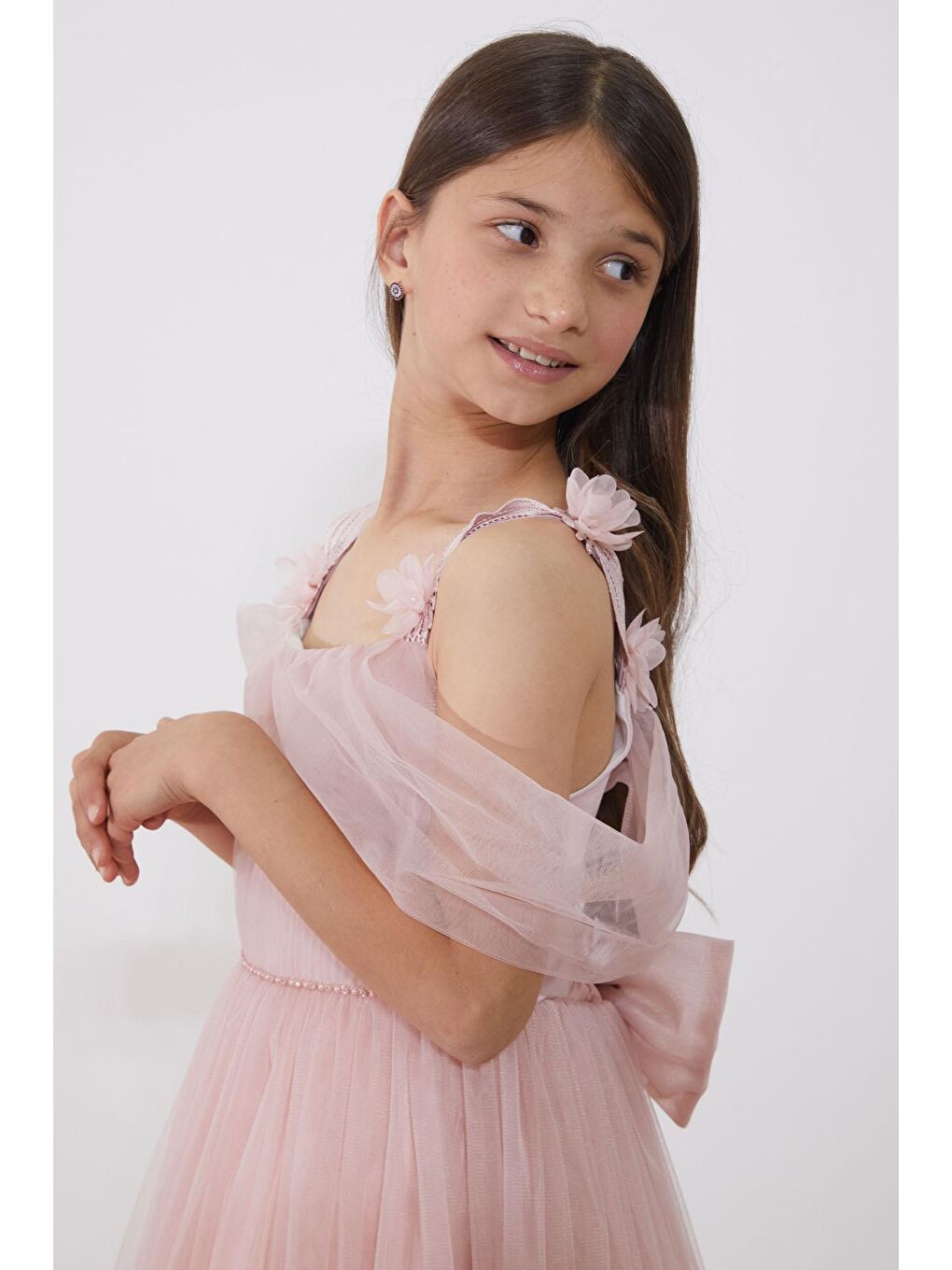 Pembe İnci Taş Şeritli Tüllü Kız Çocuk Askılı Abiye Elbise 18952-3