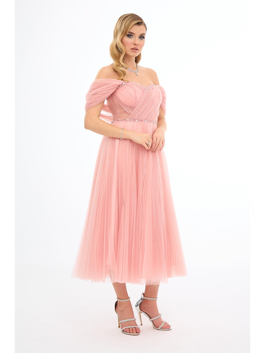 Pembe Pudra Düşük Kol Taşlı Tül Nişanlık-3