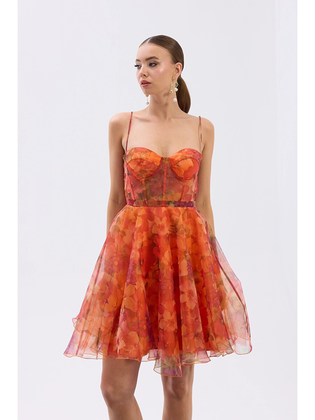 Turuncu Orange Straplez Desenli Abiye Elbise-1