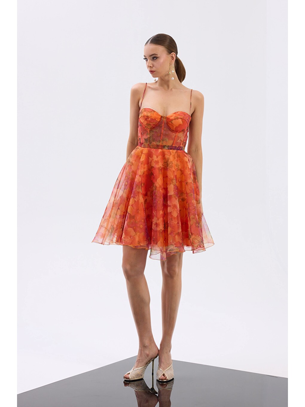 Turuncu Orange Straplez Desenli Abiye Elbise-2