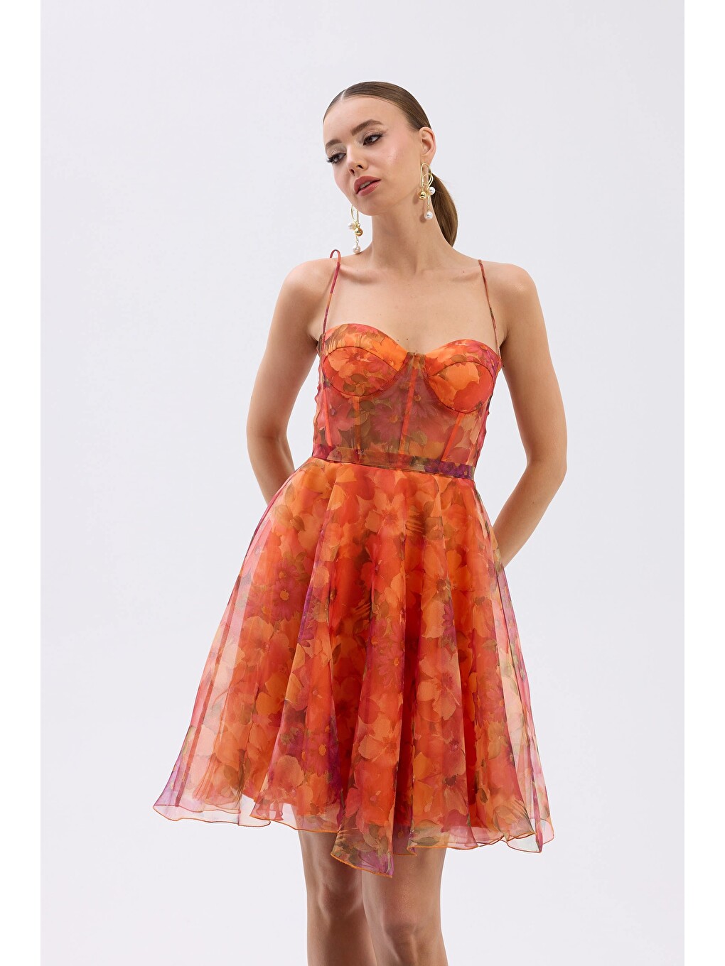 Turuncu Orange Straplez Desenli Abiye Elbise-3