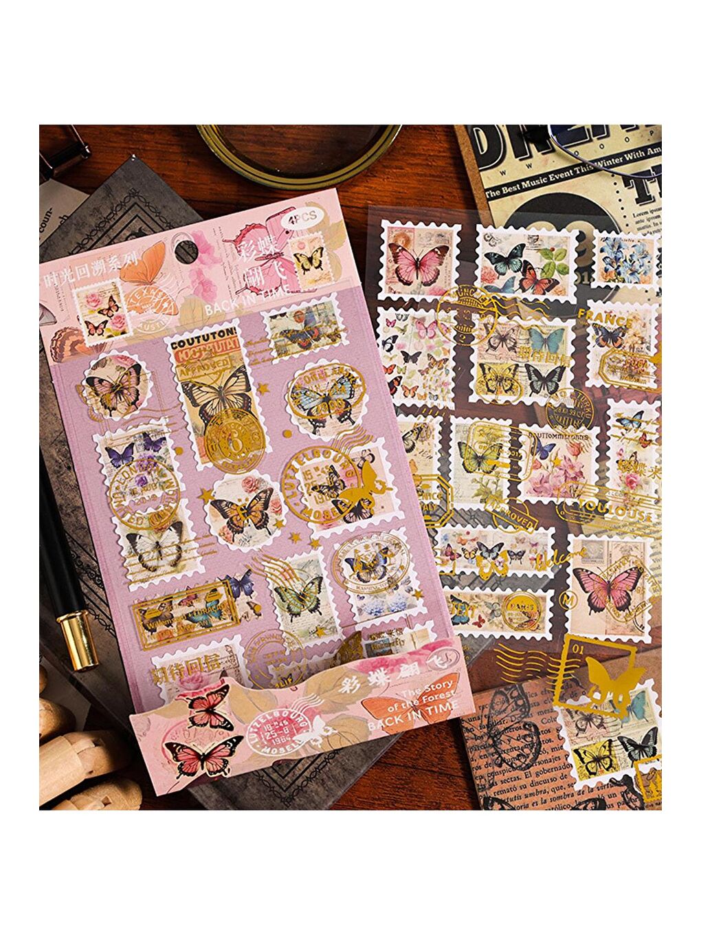 Vintage Pul Desenli Sticker Seti – 4 Sayfa Scrapbook Etiketi-2