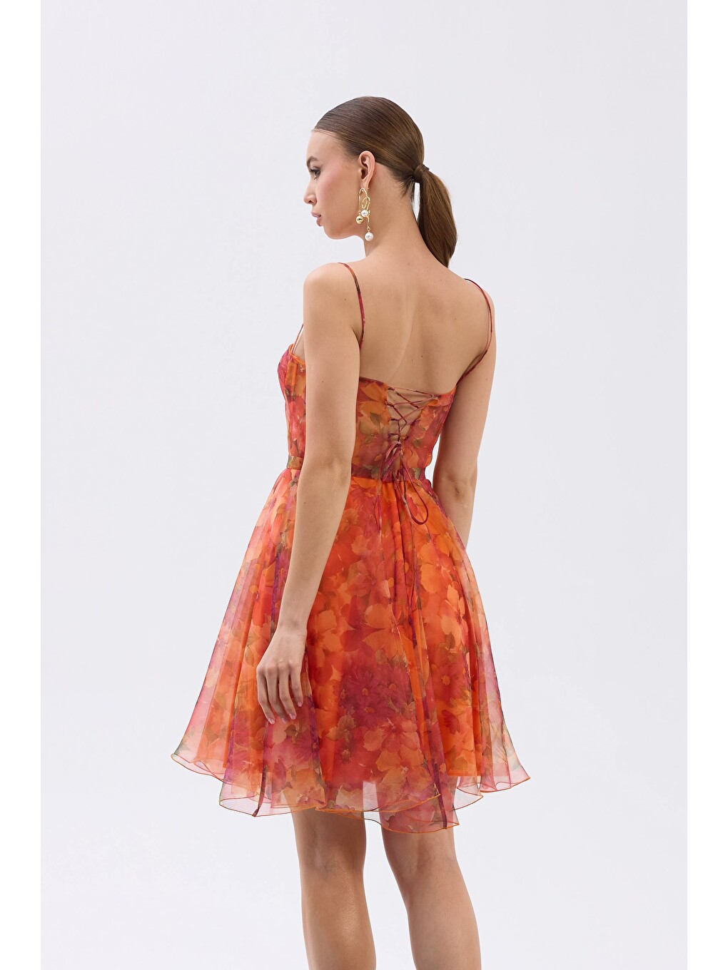 Turuncu Orange Straplez Desenli Abiye Elbise-4