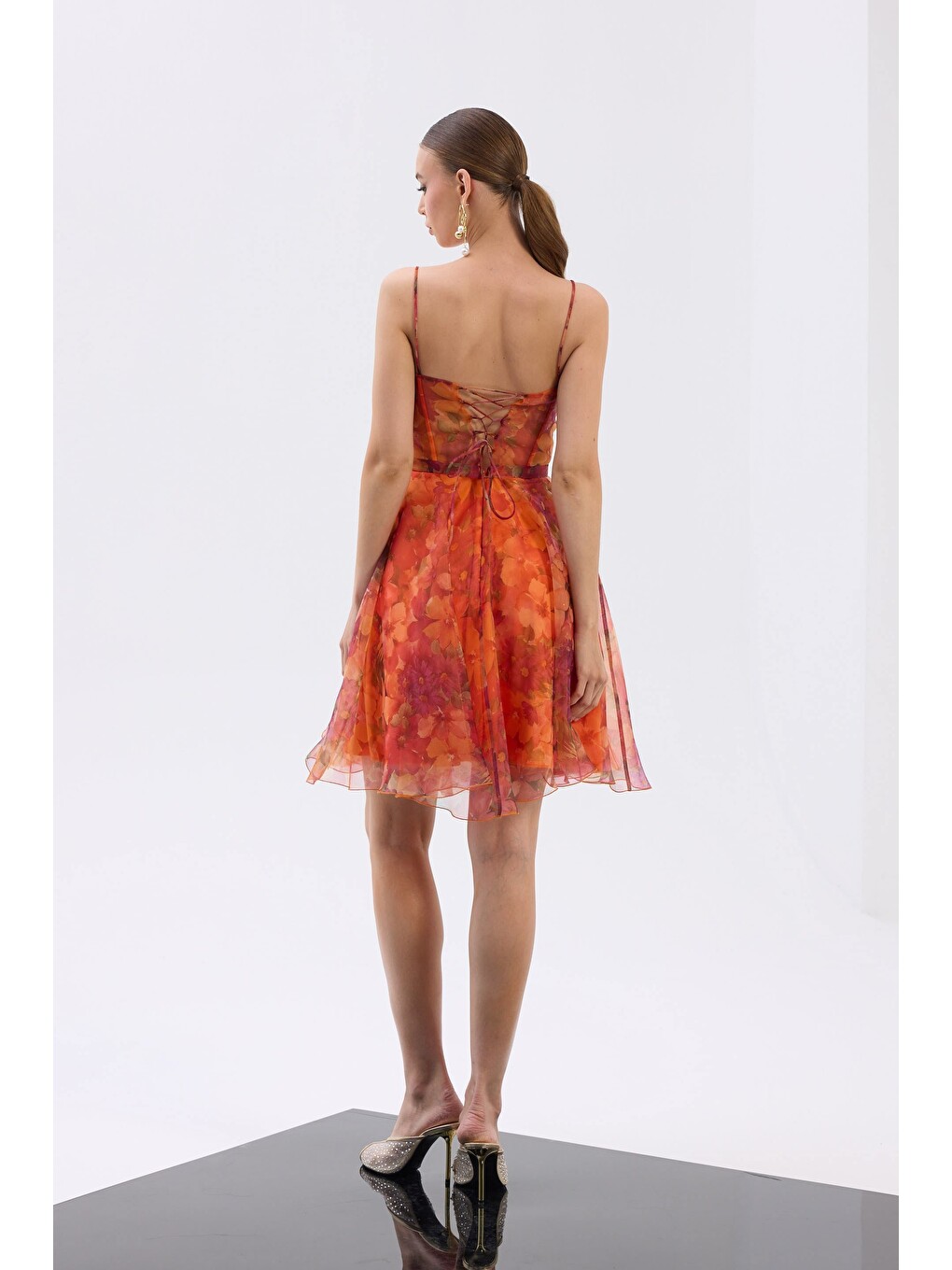 Turuncu Orange Straplez Desenli Abiye Elbise-5