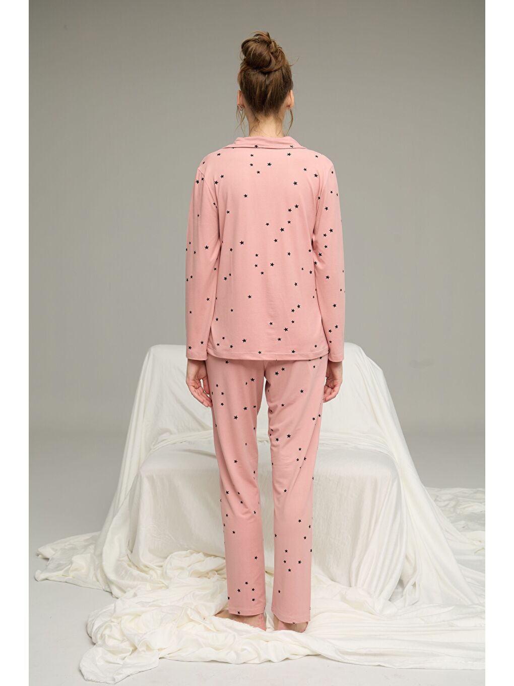 Pembe Pudra Yıldız Desenli Gömlek Yaka Düğmeli Milan Örme Pijama Takım25224024-2