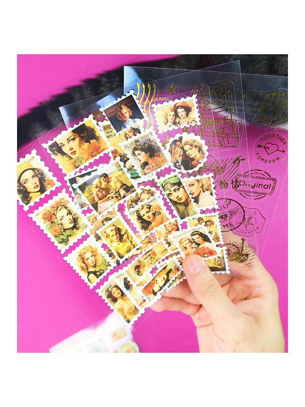 Vintage Pul Desenli Sticker Seti – 4 Sayfa Scrapbook Etiketi-3