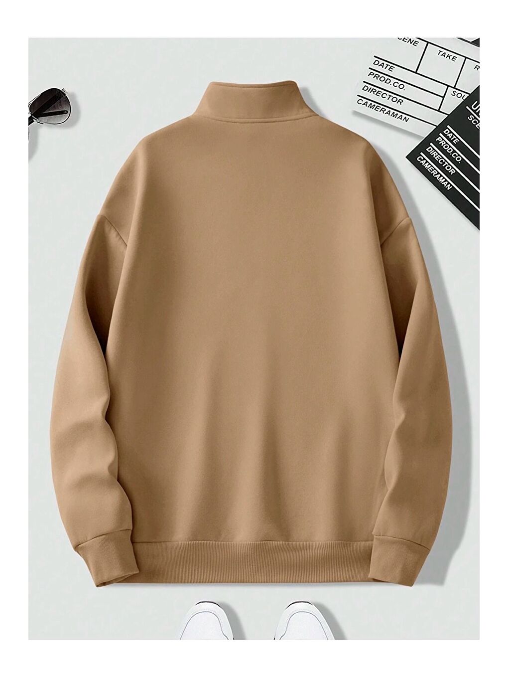 Trendseninle Bej Kadın 3 İplik Vizon Metal Fermuarlı Dik Yaka Oversize Sweatshirt - 1