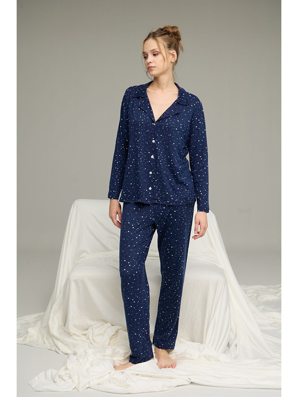 Lacivert Yıldız Desenli Gömlek Yaka Düğmeli Milan Örme Pijama Takım25224026-1