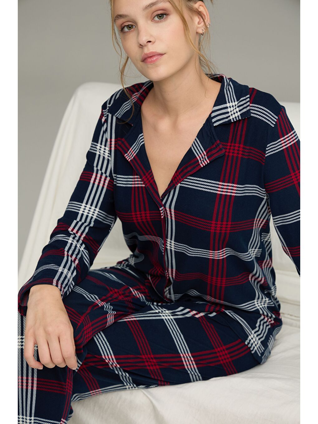 Lacivert Ekose Desenli Gömlek Yaka Düğmeli Milan Örme Pijama Takım25224027