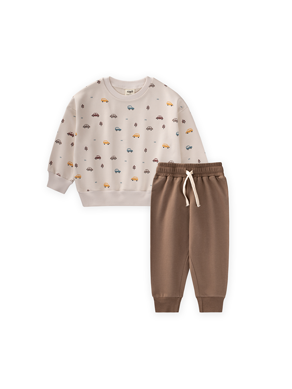 Araba Baskılı Sweatshirt Takım 1-5 Yaş Bej