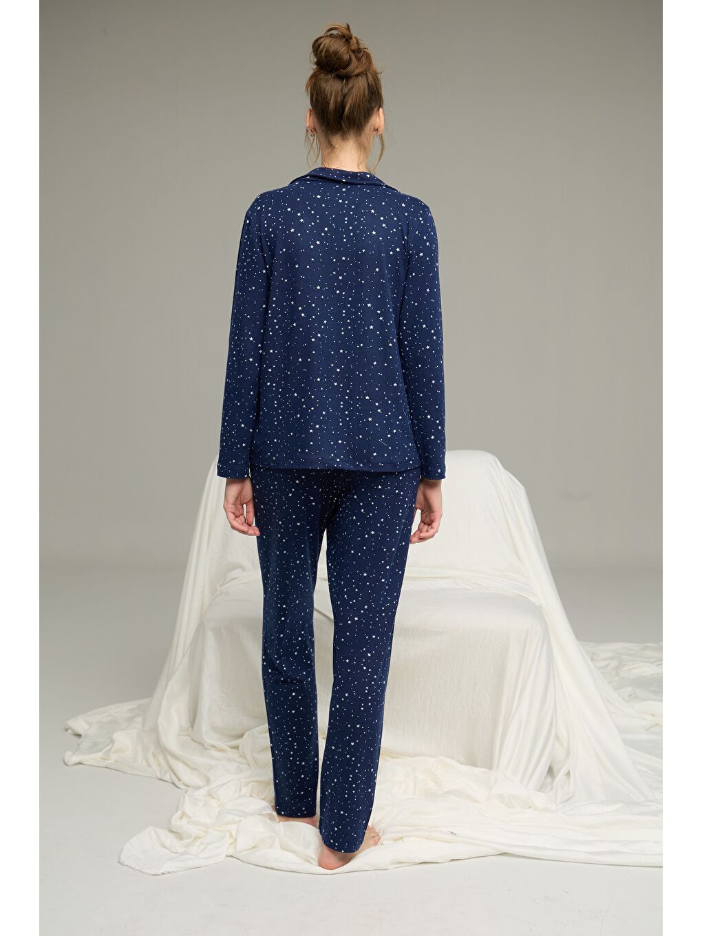 Lacivert Yıldız Desenli Gömlek Yaka Düğmeli Milan Örme Pijama Takım25224026-2