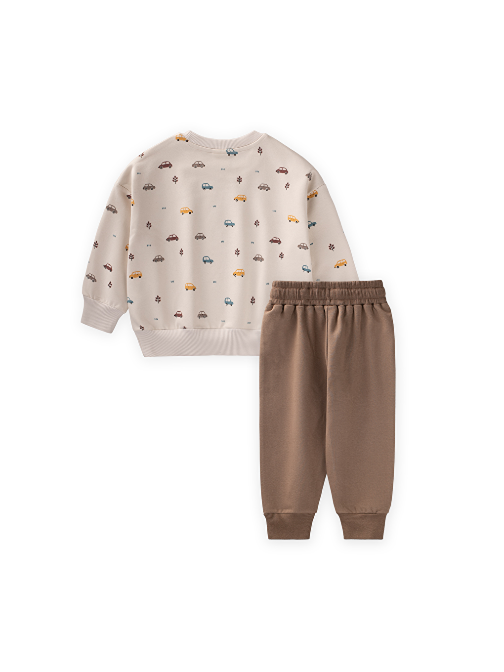 Araba Baskılı Sweatshirt Takım 1-5 Yaş Bej-1