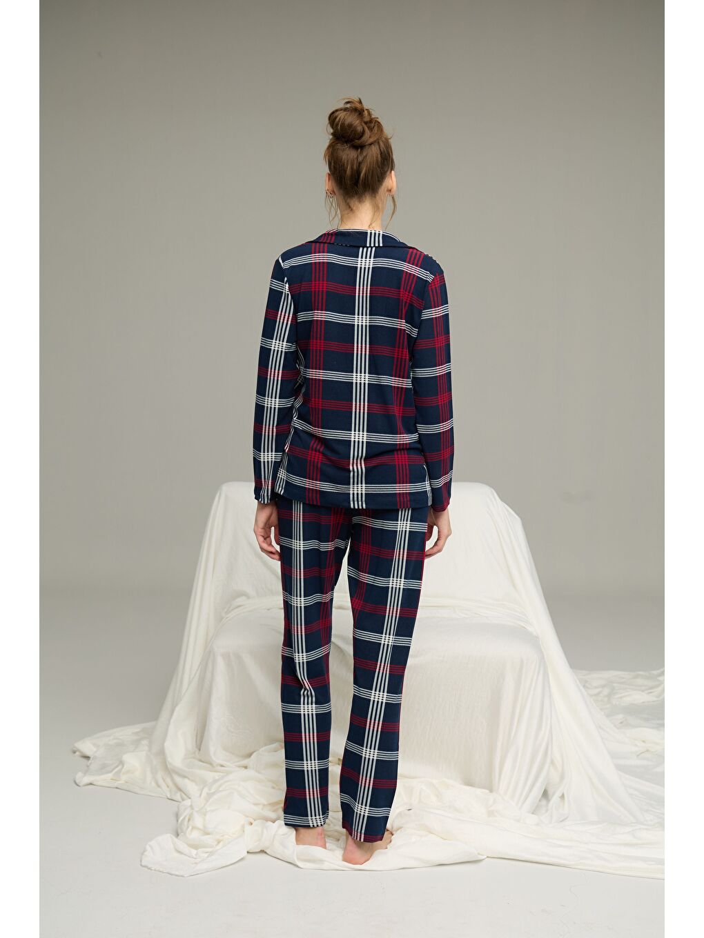 Lacivert Ekose Desenli Gömlek Yaka Düğmeli Milan Örme Pijama Takım25224027-2