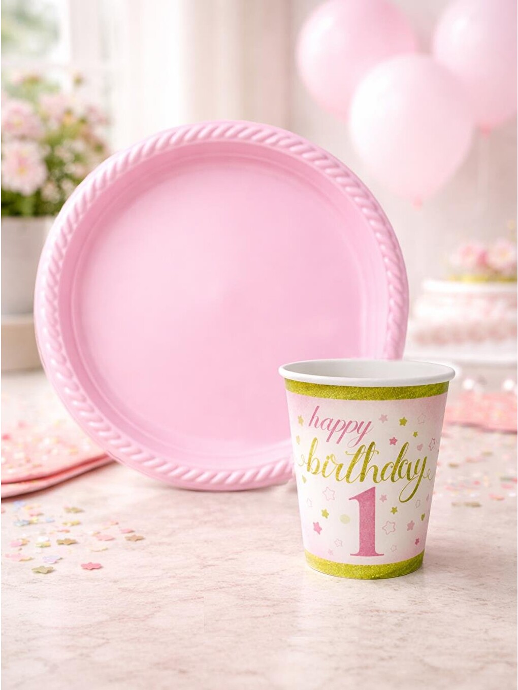 Pembe 1 Yaş Kız Bebek Doğum Günü Seti – Plastik Tabak & Karton Bardak 24'lü
