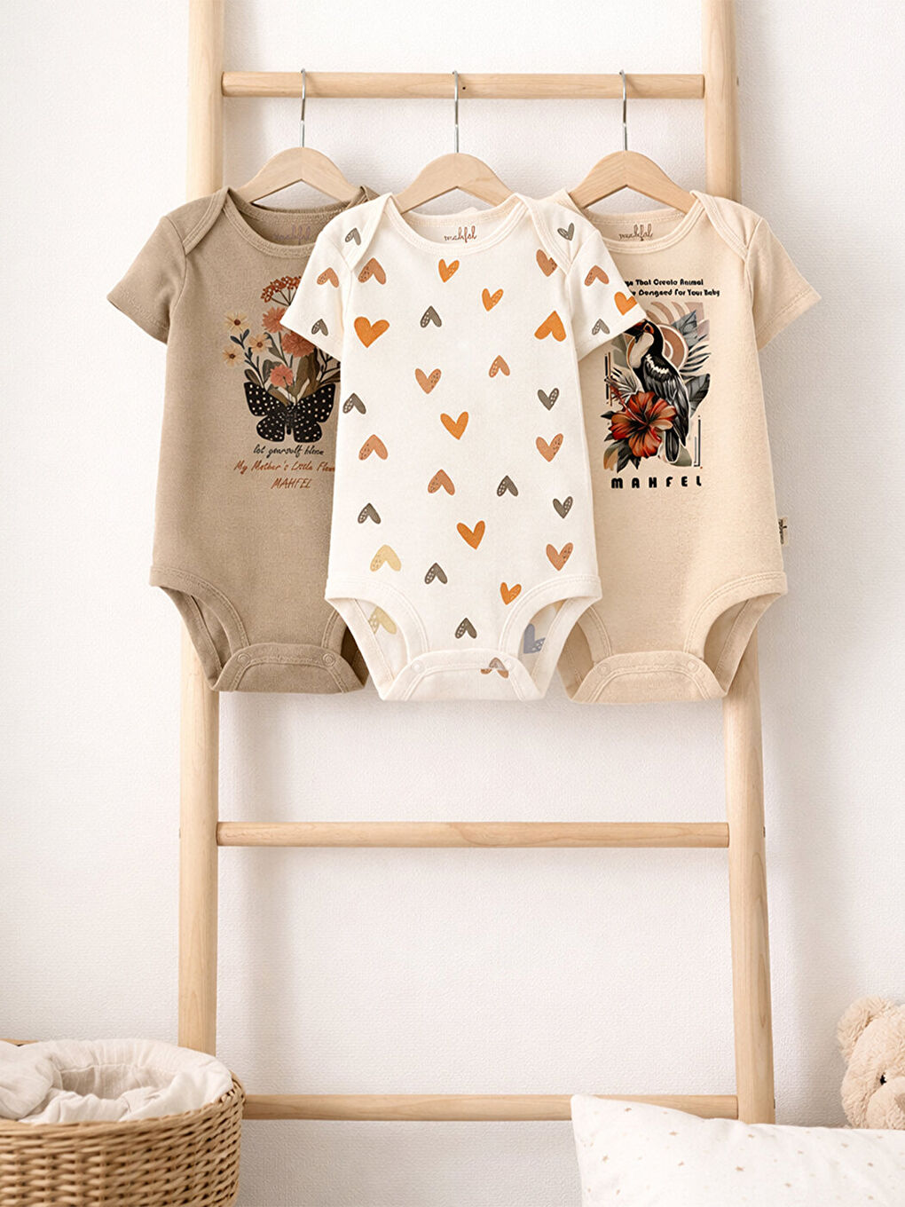 Lila 3'Lü %100 Pamuklu Organik Baskılı Kısa Kollu Çıtçıtlı Bebek Body Zıbın 866-816-2