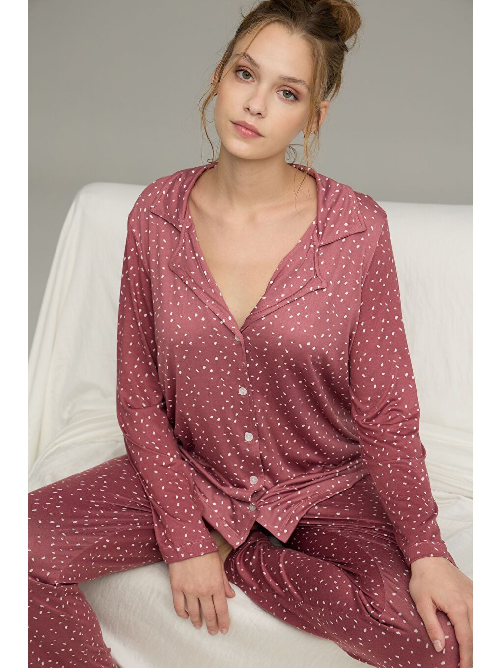 Pembe Gülkurusu Desenli Gömlek Yaka Düğmeli Milan Örme Pijama Takım25224029