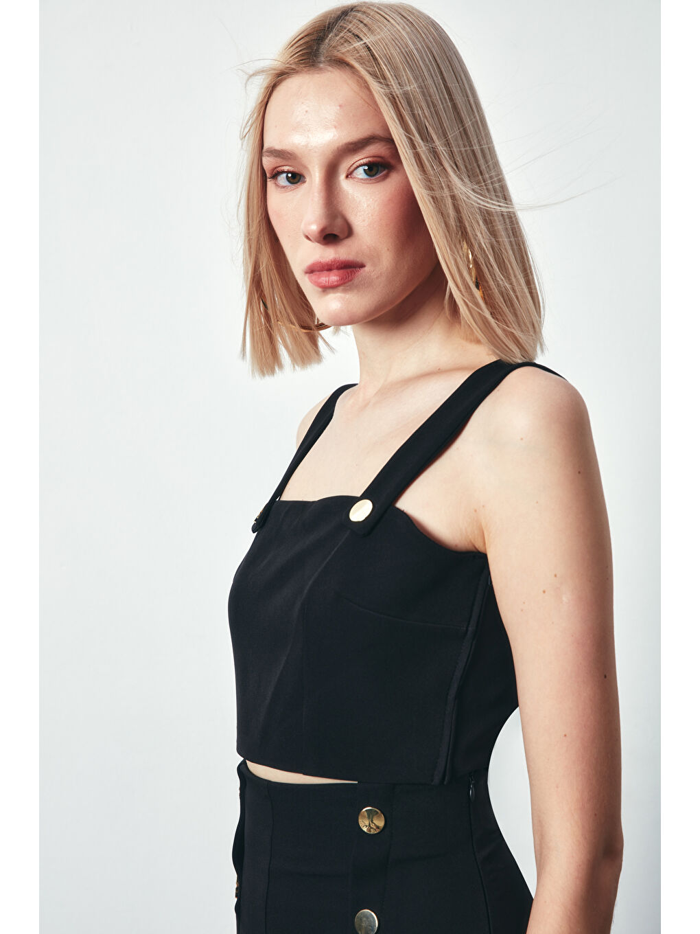 SATEEN Çıt Detaylı Crop Bluz - Siyah - 1