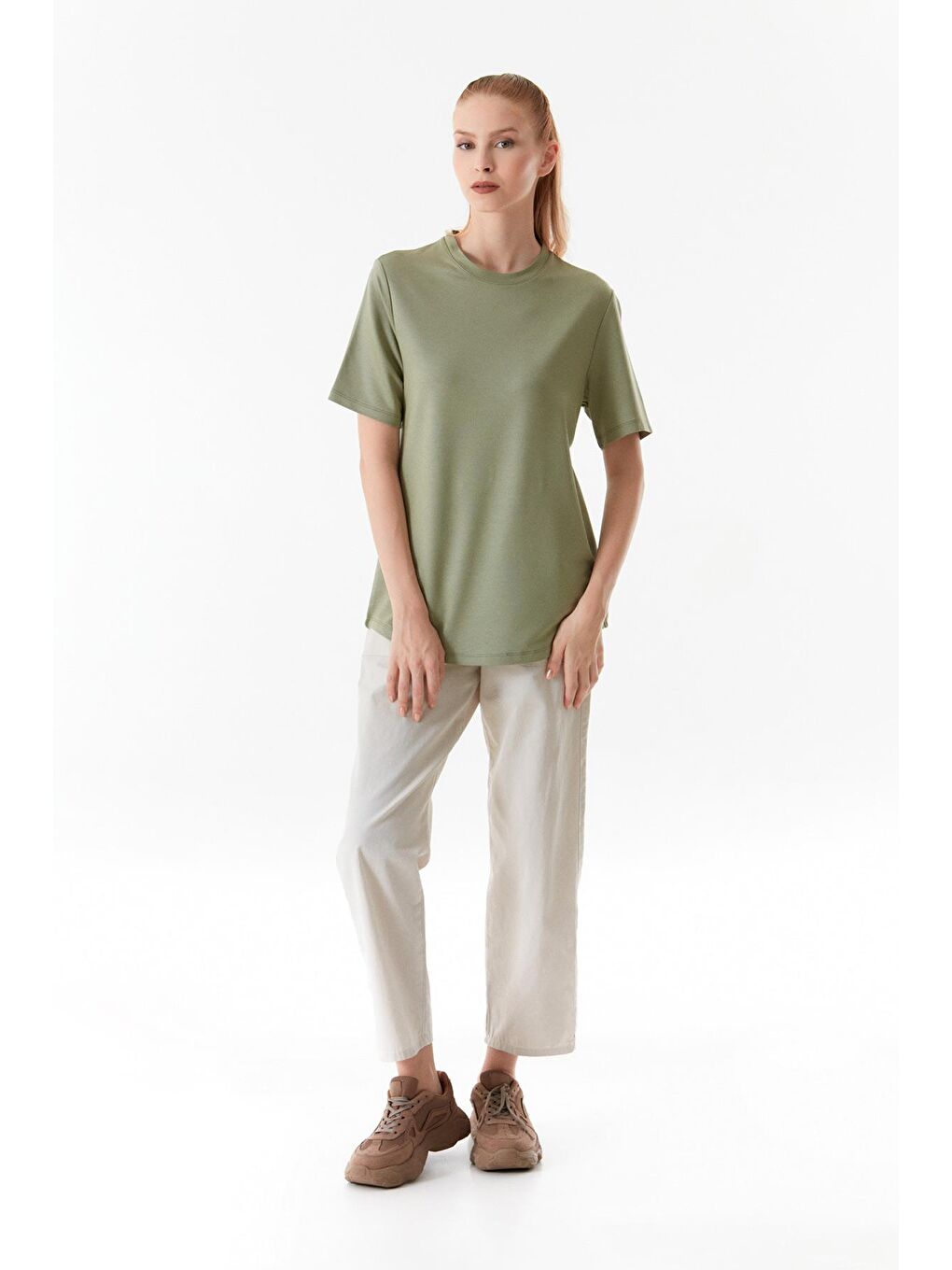 Haki Basic Bisiklet Yaka Tişört-1