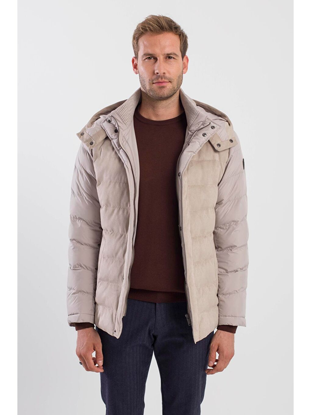 Bej Taş Comfort Fit Kapüşonlu Şişme Mont