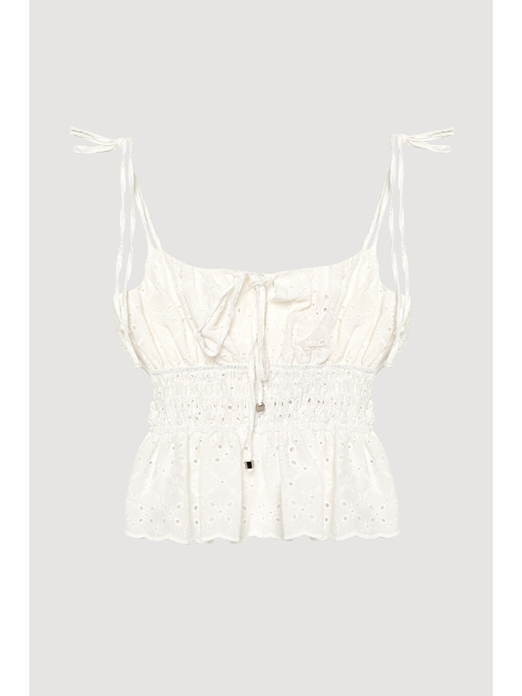 Beli Gipeli Fisto Detaylı Askılı Bluz Ekru