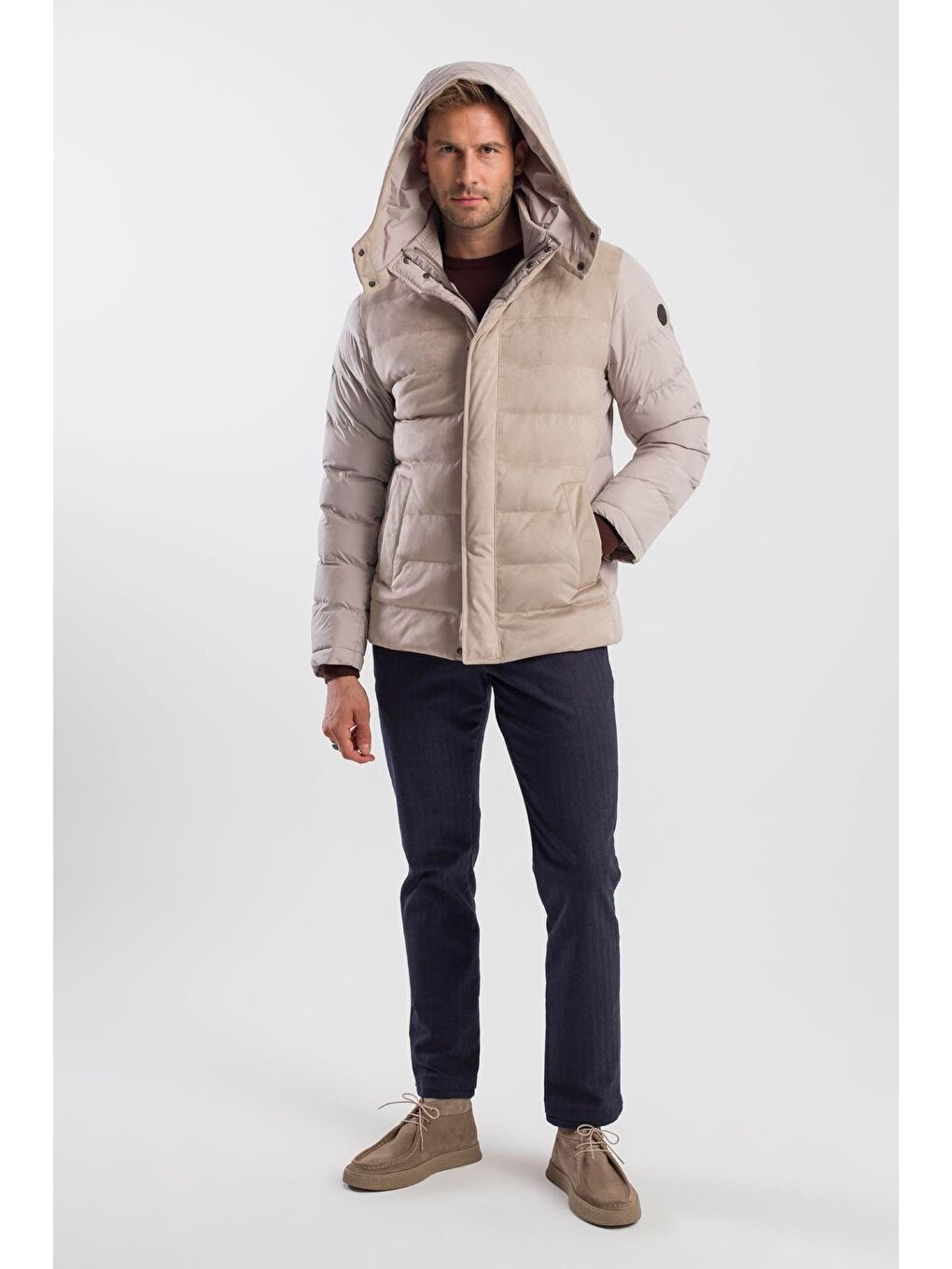 Bej Taş Comfort Fit Kapüşonlu Şişme Mont-1