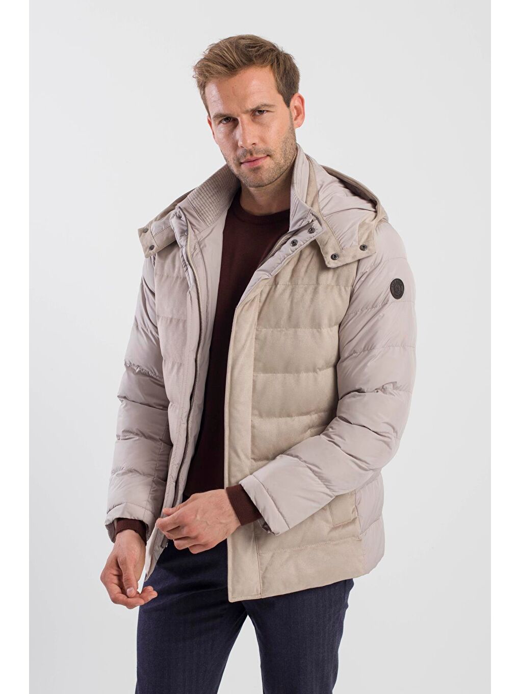 Bej Taş Comfort Fit Kapüşonlu Şişme Mont-2